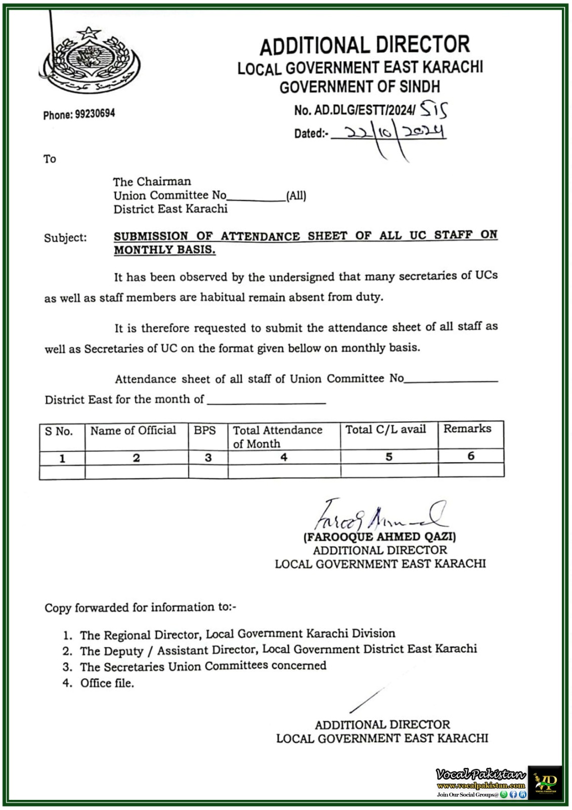 Sindh 3 Mandatory Submission of UC Staff Attendance Sheets on Monthly Basis – Notification