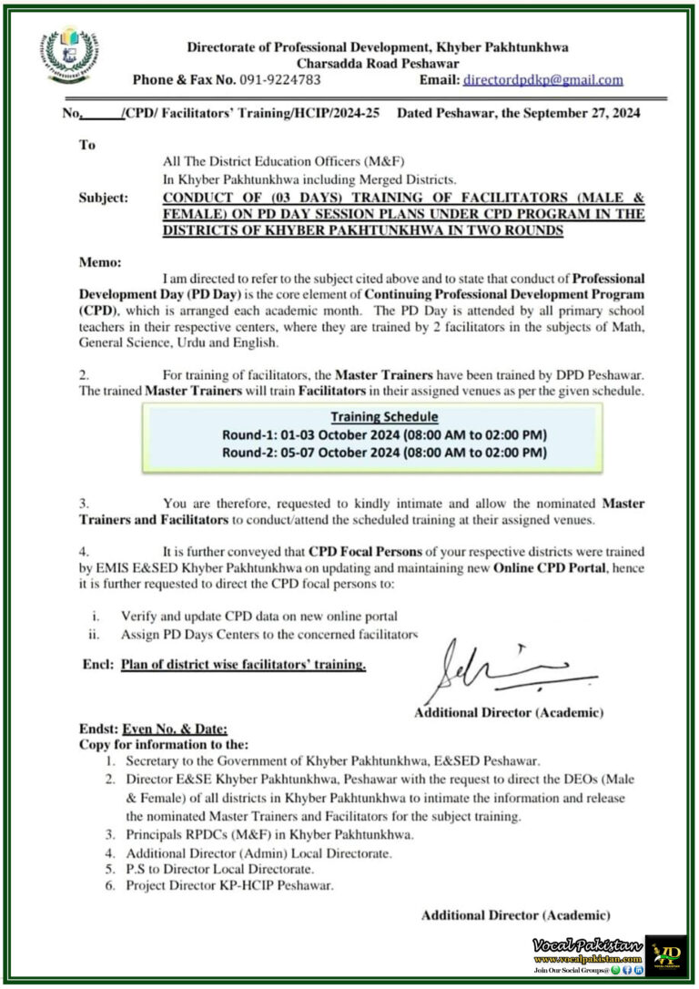 Master Trainers to Lead Facilitators' Training for CPD Program in Khyber Pakhtunkhwa Districts-Notification