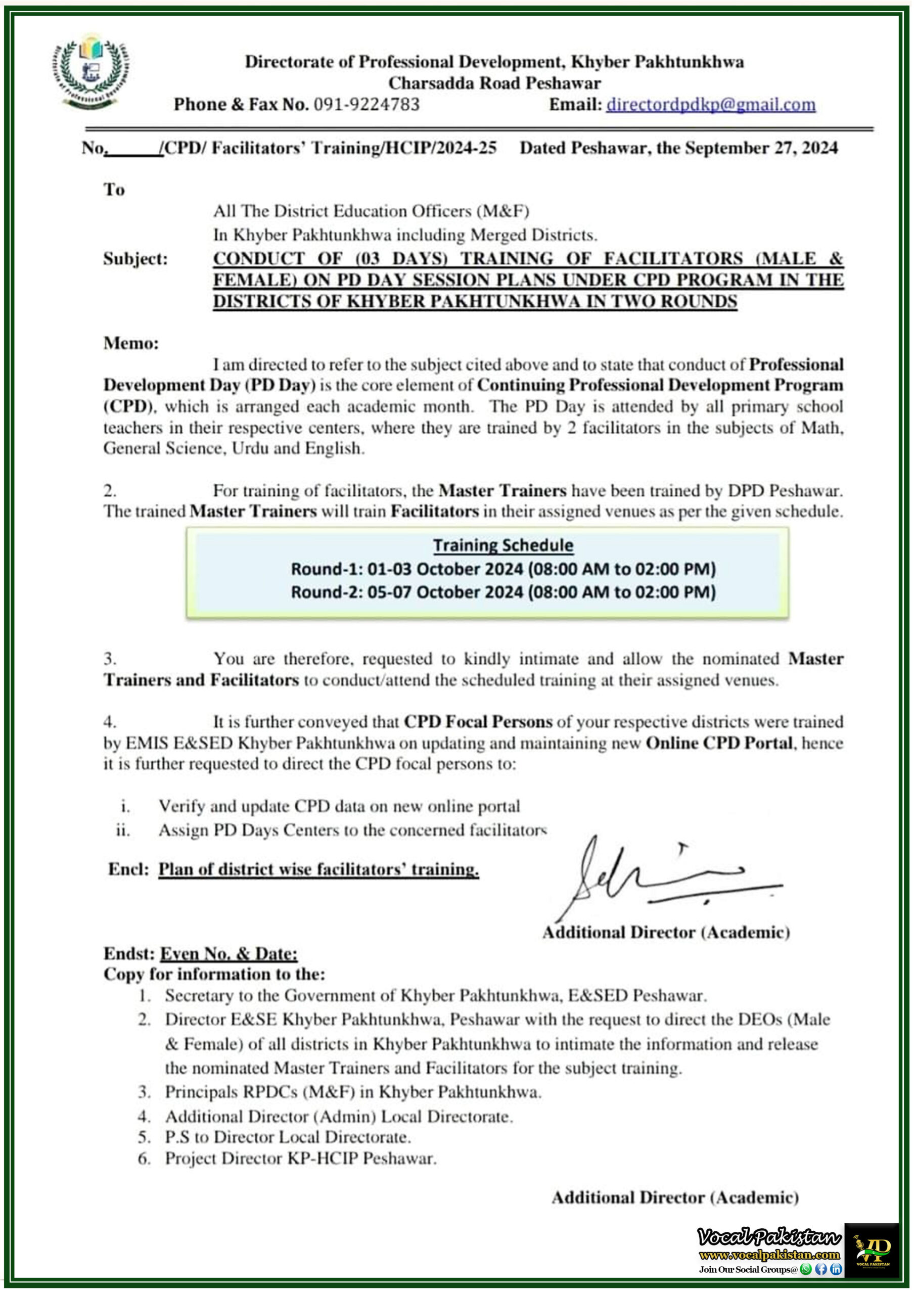 KPK 6 Master Trainers to Lead Facilitators' Training for CPD Program in Khyber Pakhtunkhwa Districts-Notification