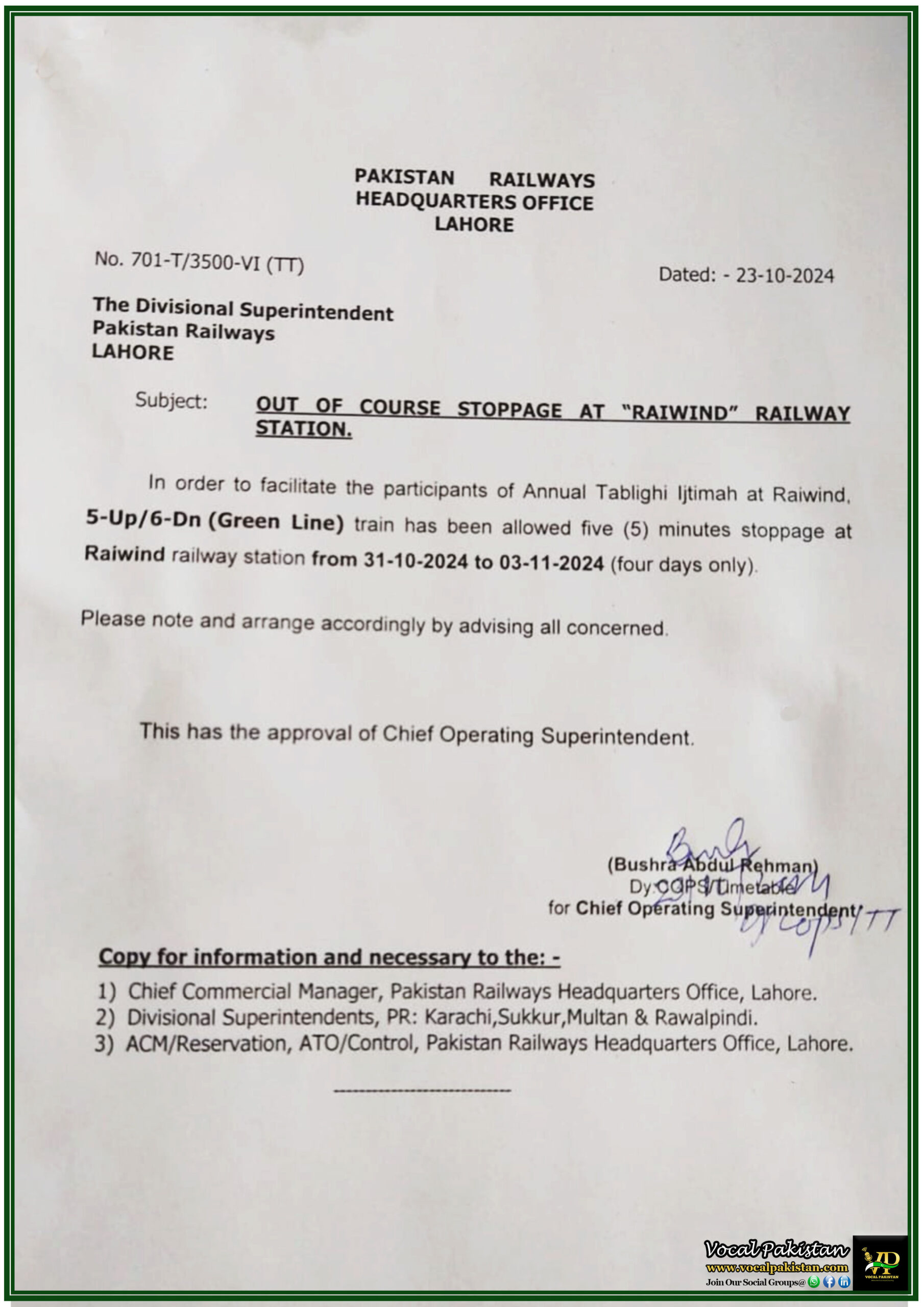 Out of Course Green Line Stop at Raiwind Station for Tablighi Ijtimah Participants - Notification