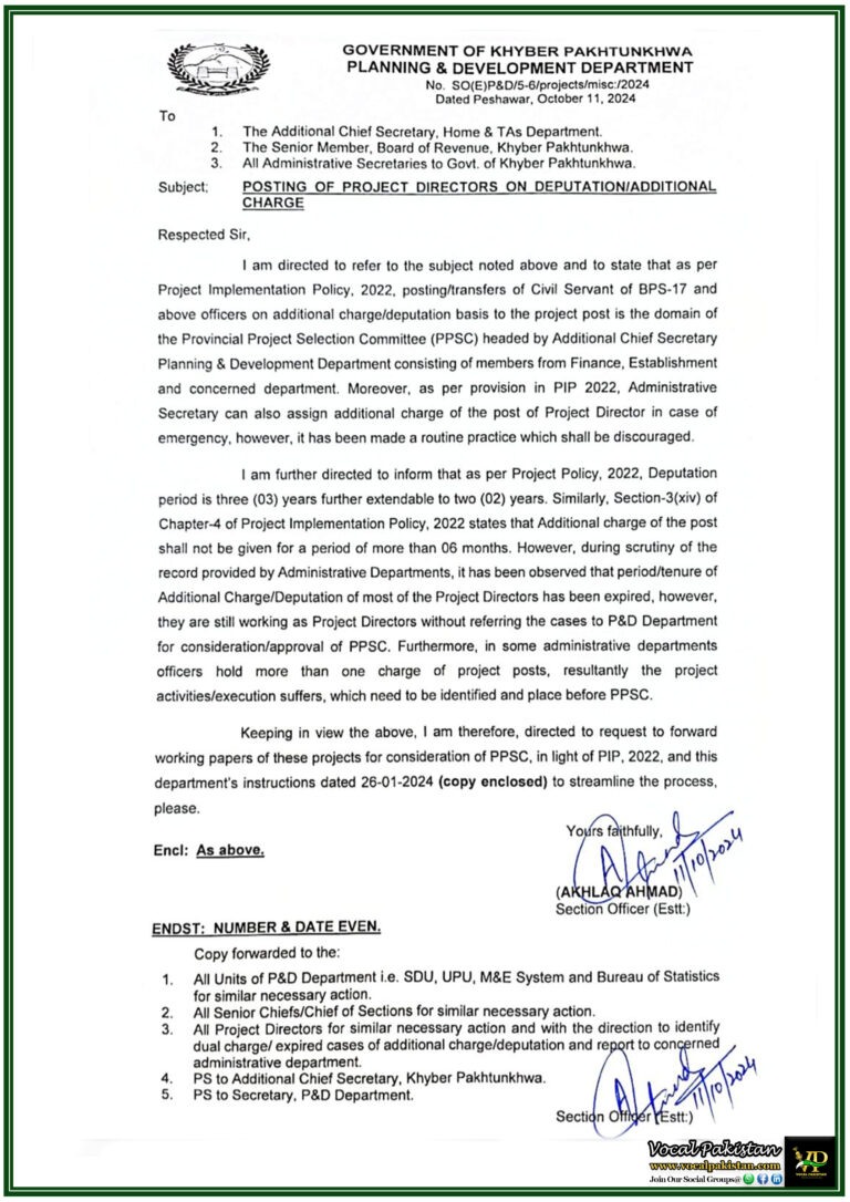 Guidelines for Posting of Project Directors on Deputation or Additional Charge in Khyber Pakhtunkhwa-Notification