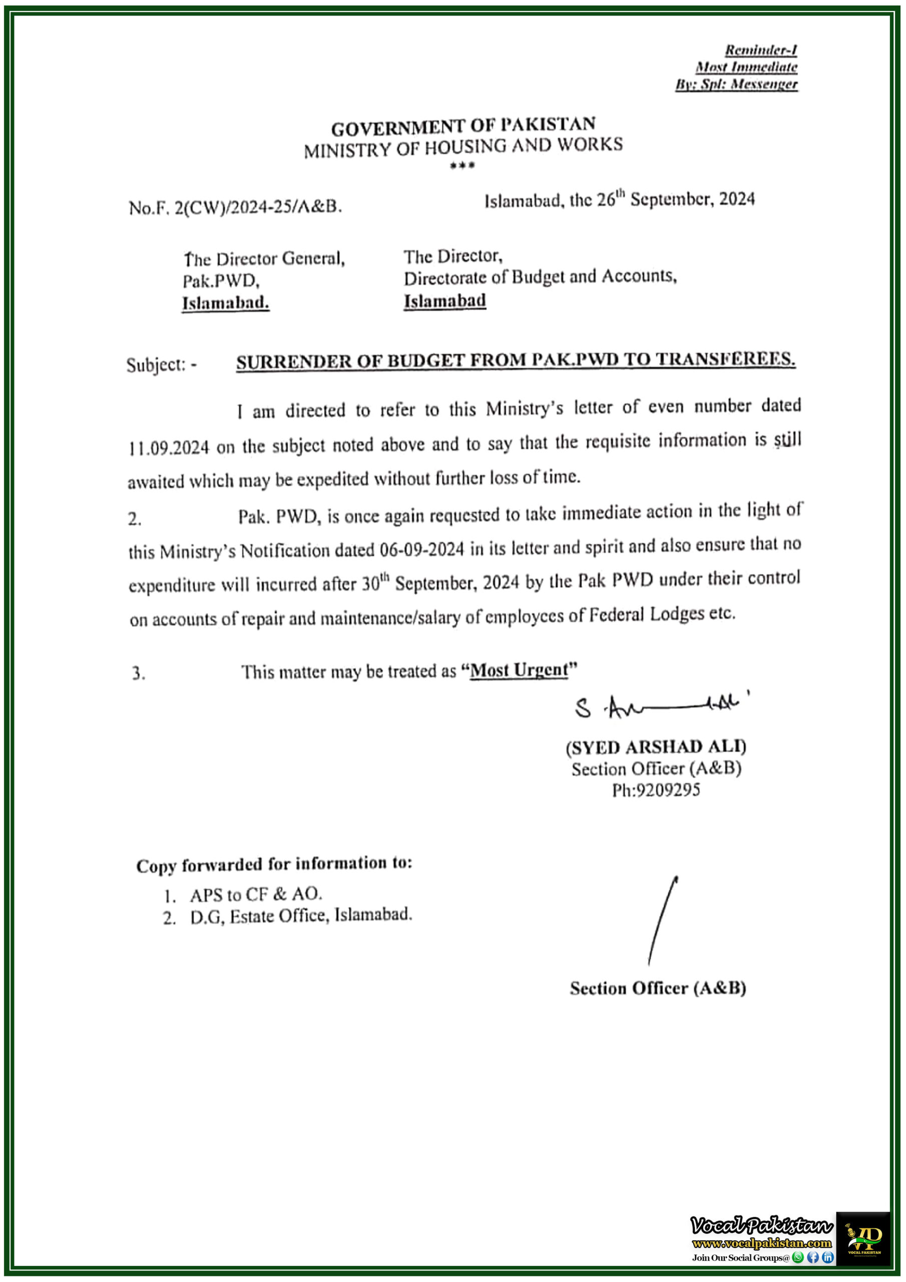 Federal 5 Pak PWD Directed to Expedite Budget Surrender and Halt Expenditure Post-September 30-Notification