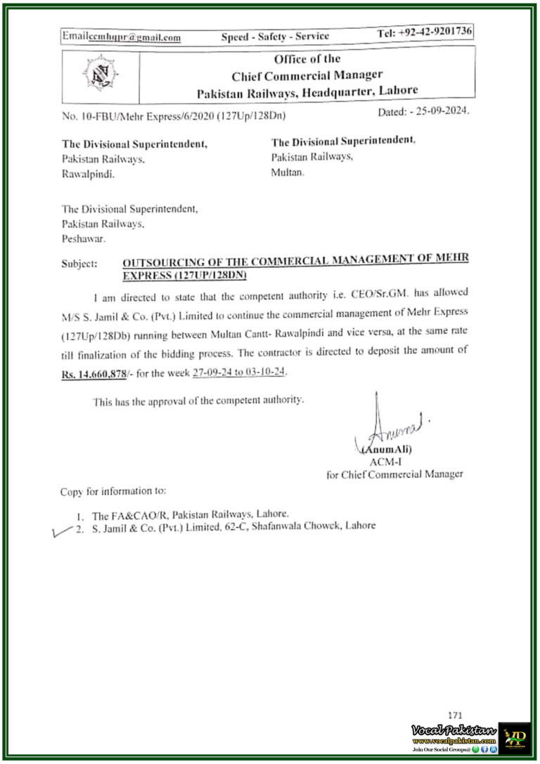 Pakistan Railways Continues Outsourcing of Mehr Express Operations to MS S. Jami & Co.– Notification