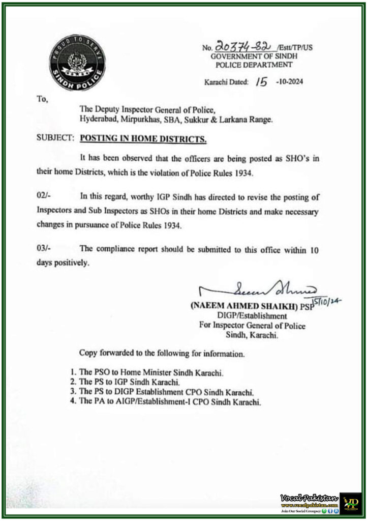 Directive to Revise SHO Postings in Home Districts – Compliance Required per Police Rules 1934 – Notification