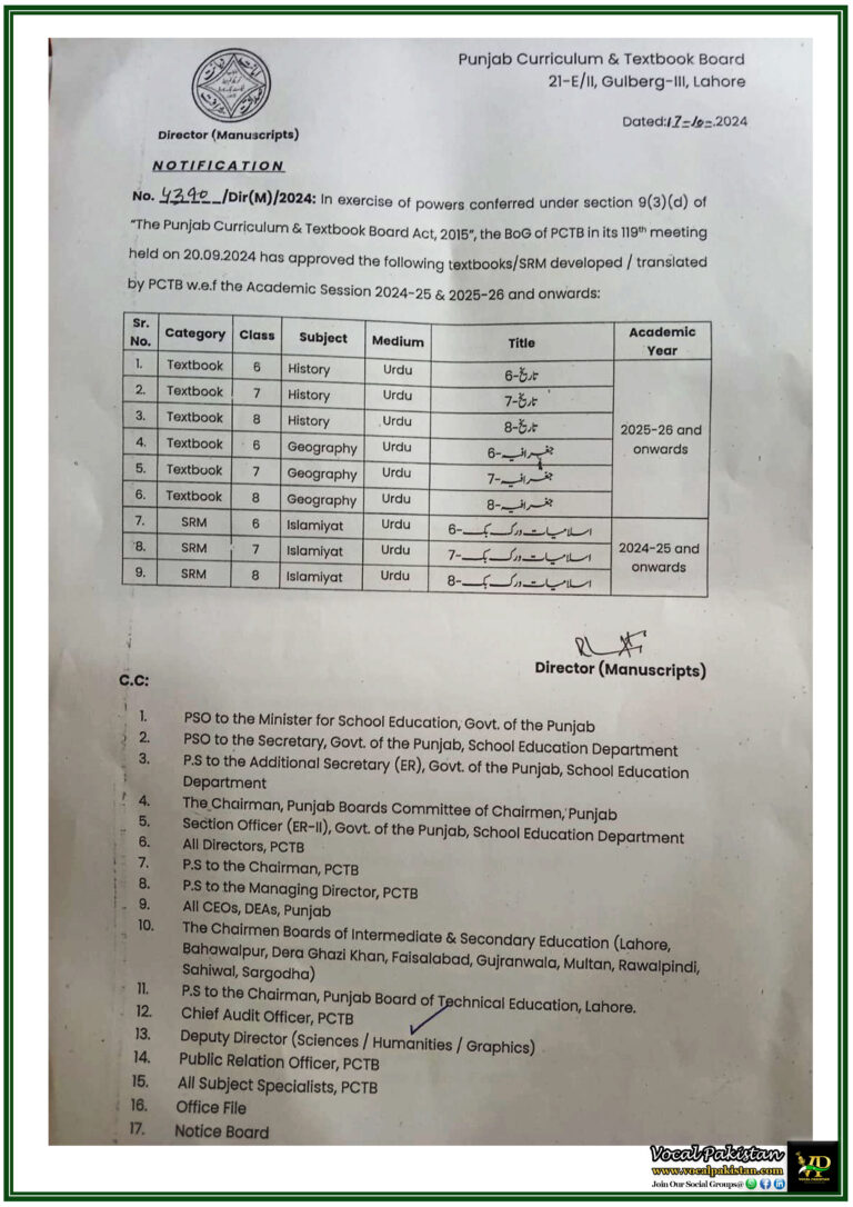 Punjab Curriculum & Textbook Board Approves History, Geography, and Islamiyat Textbooks for Classes 6 to 8 – Notification