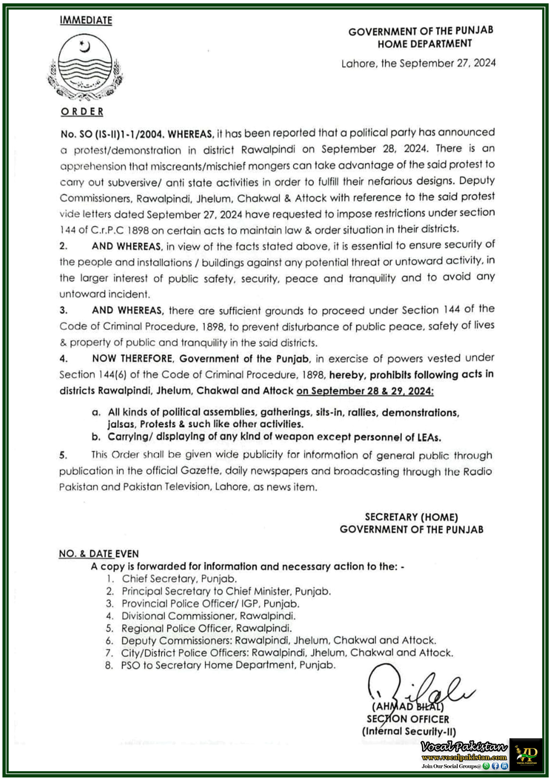 Punjab 4 Punjab Government Imposes Section 144 in Rawalpindi Division Ahead of Political Protest- Notification