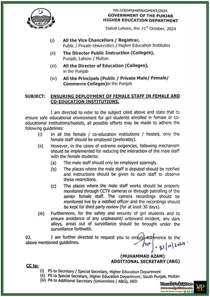 Punjab Govt Directs Institutions to Prioritize Female Staff for Safer Environment in Female and Co-Education Campuses-Notification