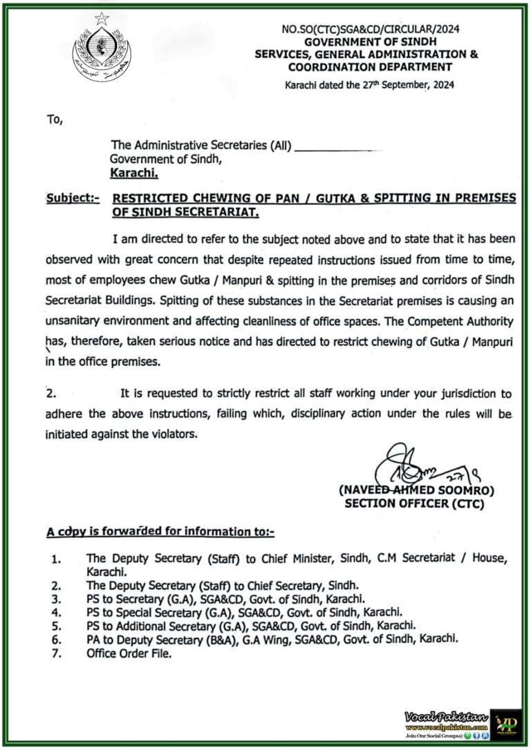 Disciplinary Action for Gutka/Manpuri Chewing and Spitting in Sindh Secretariat - Notification