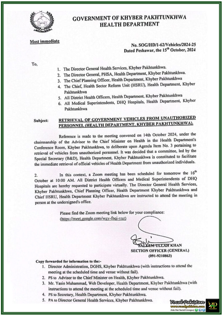 Immediate Retrieval of Government Vehicles from Unauthorized Personnel – Health Department, Khyber Pakhtunkhwa-Notification