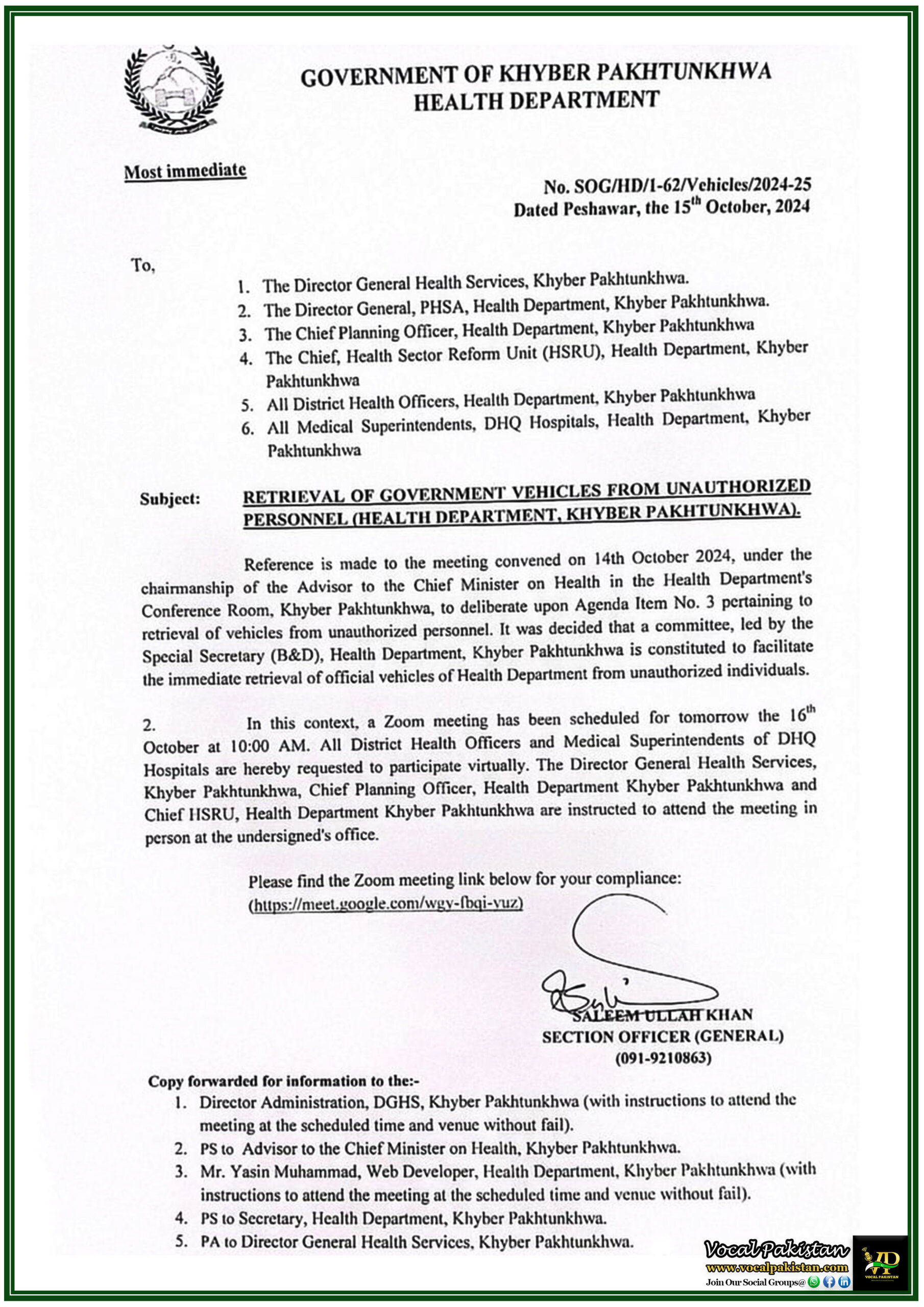 KPK 2 Immediate Retrieval of Government Vehicles from Unauthorized Personnel – Health Department, Khyber Pakhtunkhwa-Notification