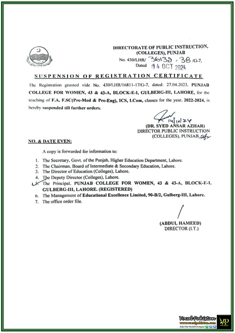 Registration Suspension of Punjab College for Women, Gulberg III, Lahore - Notification