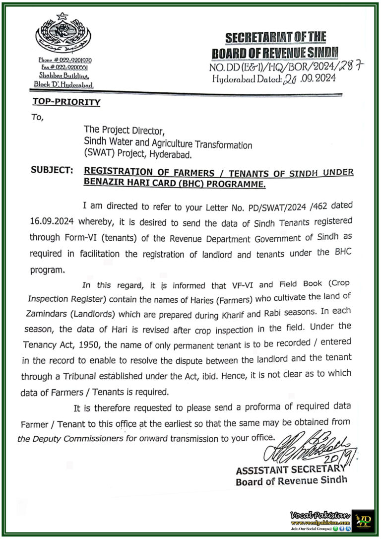 Registration of Sindh Farmers and Tenants under Benazir Hari Card (BHC) Programme-Notification