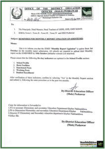Reminder Monthly Report Submission on iEMISHRIS Due by October 10, 2024 - District Education Office Peshawar