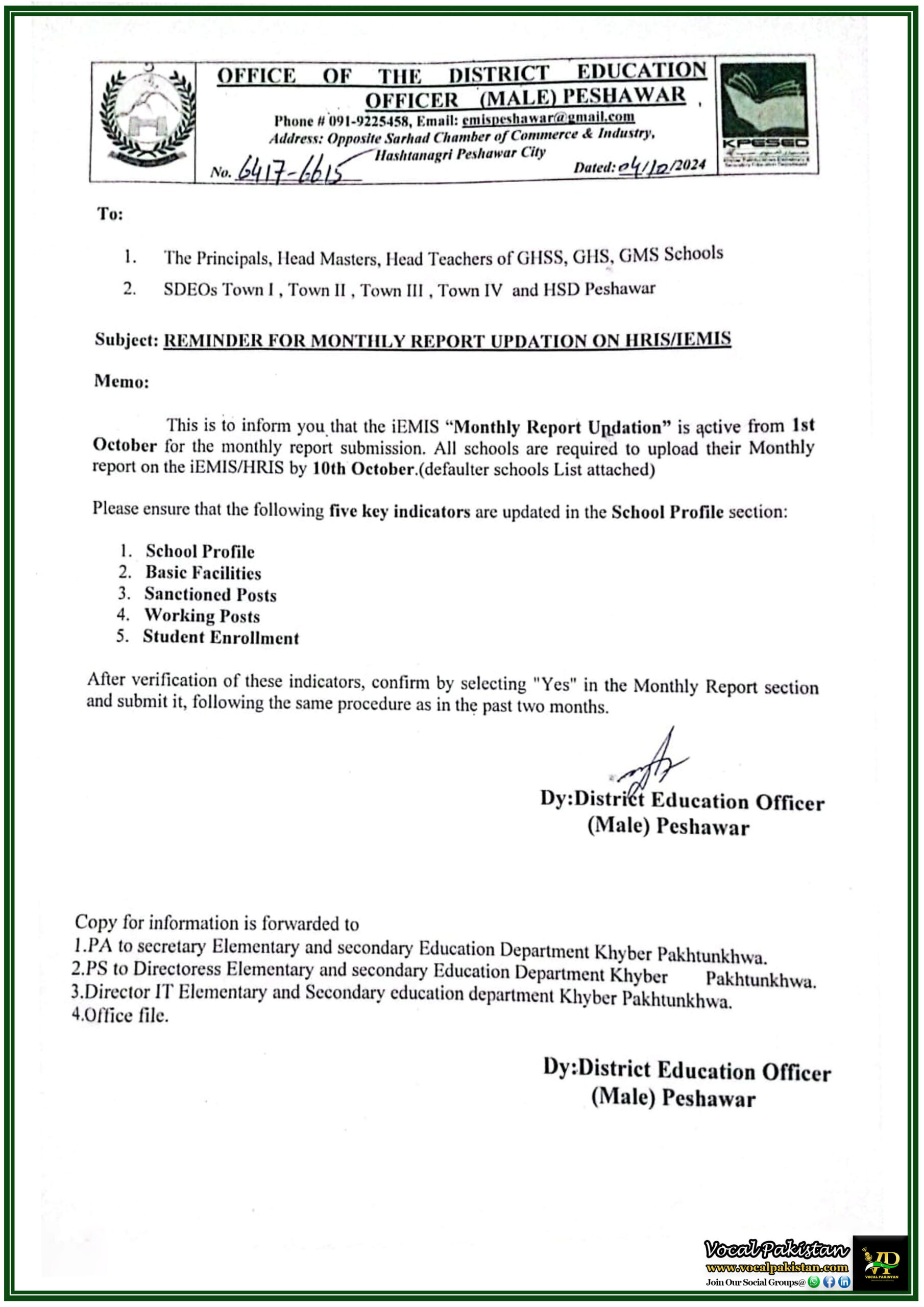 KPK 1 Reminder Monthly Report Submission on iEMISHRIS Due by October 10, 2024 - District Education Office Peshawar