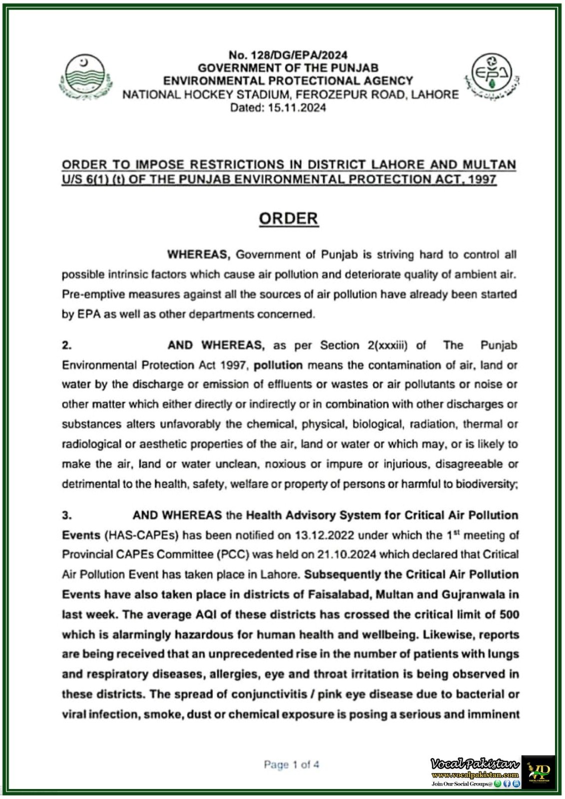 Restrictions Imposed in Lahore and Multan to Combat Smog Crisis – Notification