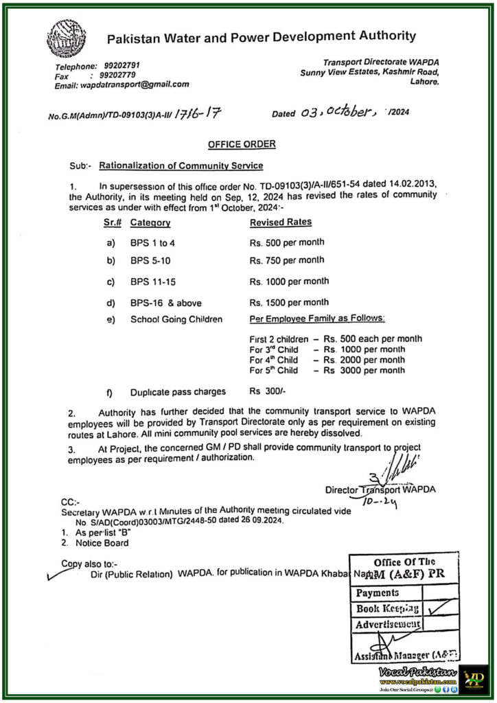 Revised Rates for WAPDA Community Services Effective from 1st October, 2024 - Notification