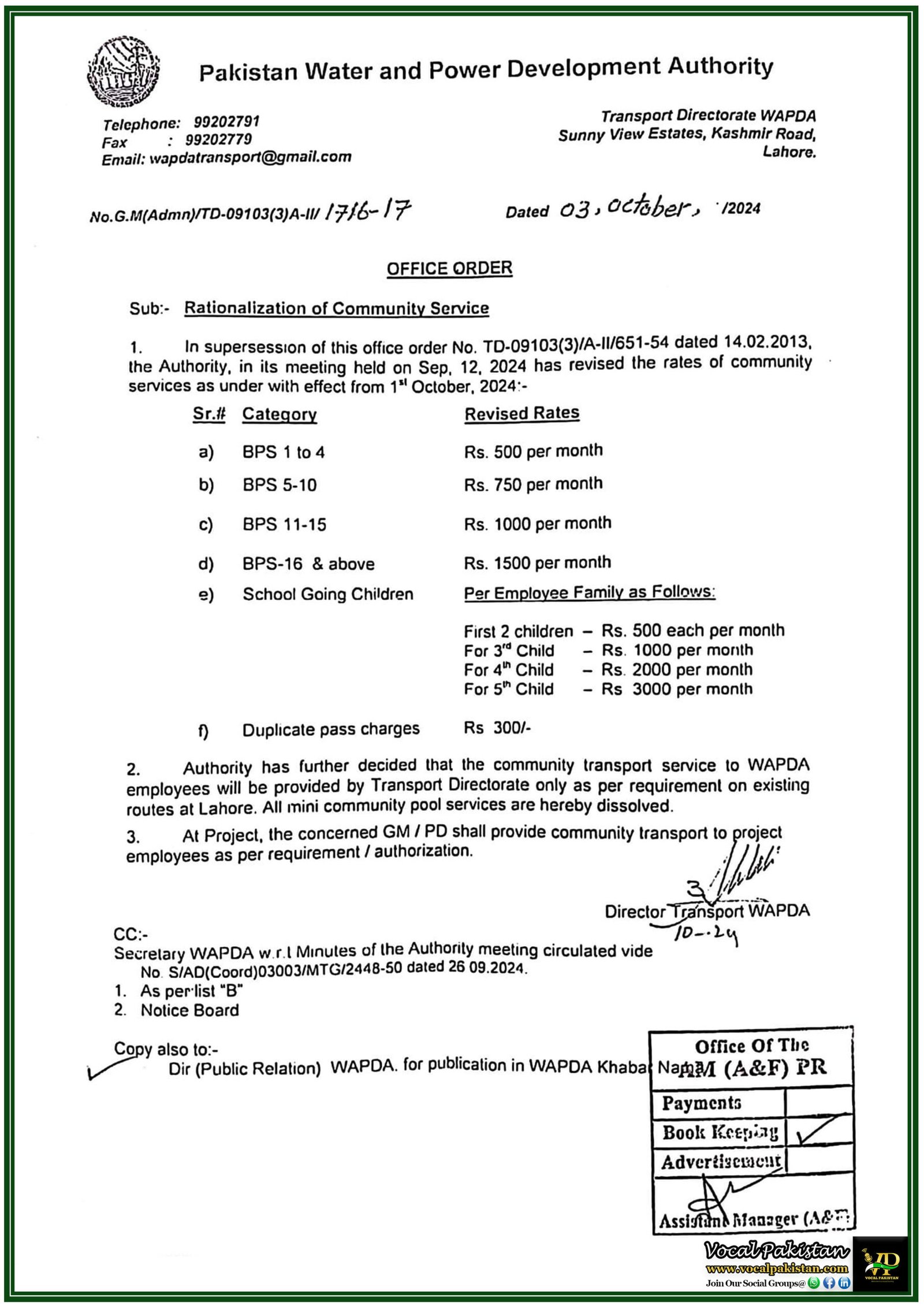 Revised Rates for WAPDA Community Services Effective from 1st October, 2024 – Notification