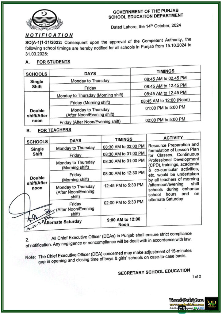 Revised School Timings for Punjab Schools (15th Oct 2024 - 31st March 2025) - Notification