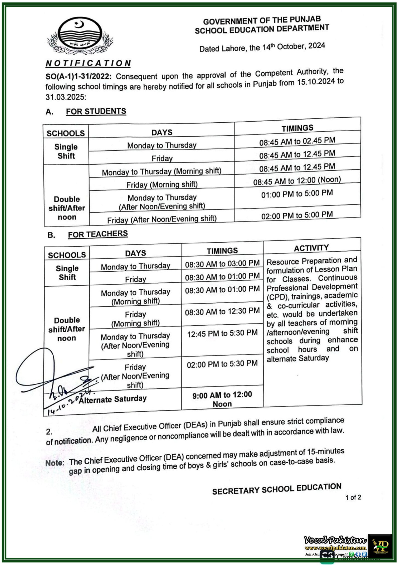 Revised School Timings for Punjab Schools (15th Oct 2024 – 31st March 2025) – Notification