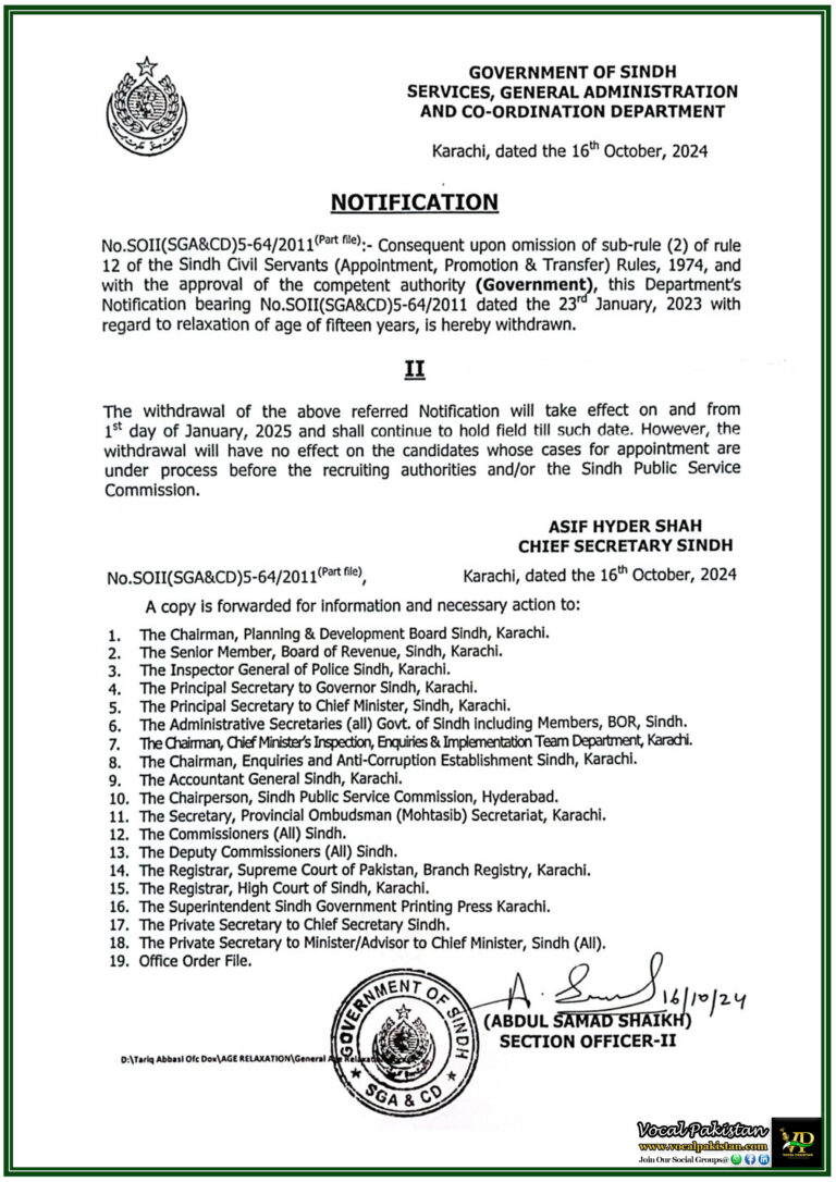 Revocation of Age Relaxation Under Sindh Civil Servants Rules, 1974 Effective from 2025 – Notification