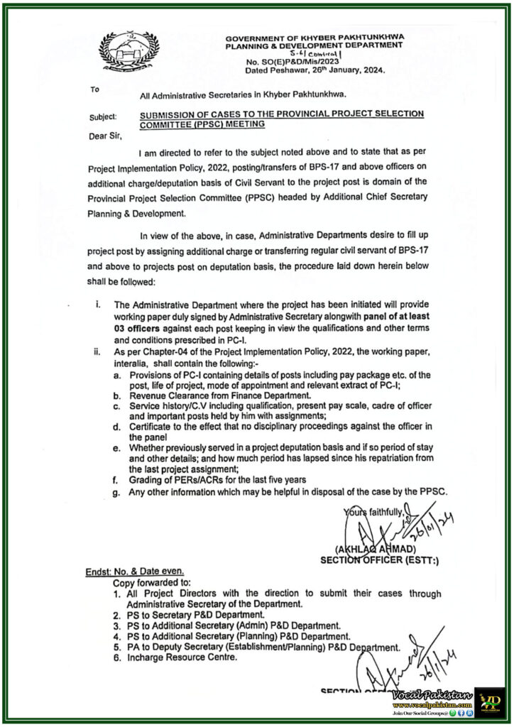 Submission Guidelines for Provincial Project Selection Committee (PPSC) Cases in Khyber Pakhtunkhwa-Notification: