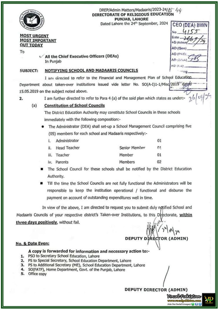 School and Madaaris Councils to be Constituted and Notified for Taken-Over Institutions-Notification