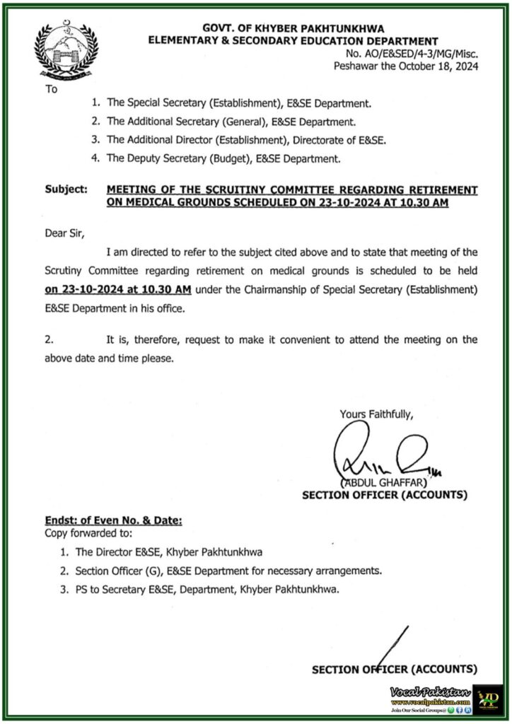 Scrutiny Committee Session for Medical Grounds Retirement on 23-10-2024 – Notification