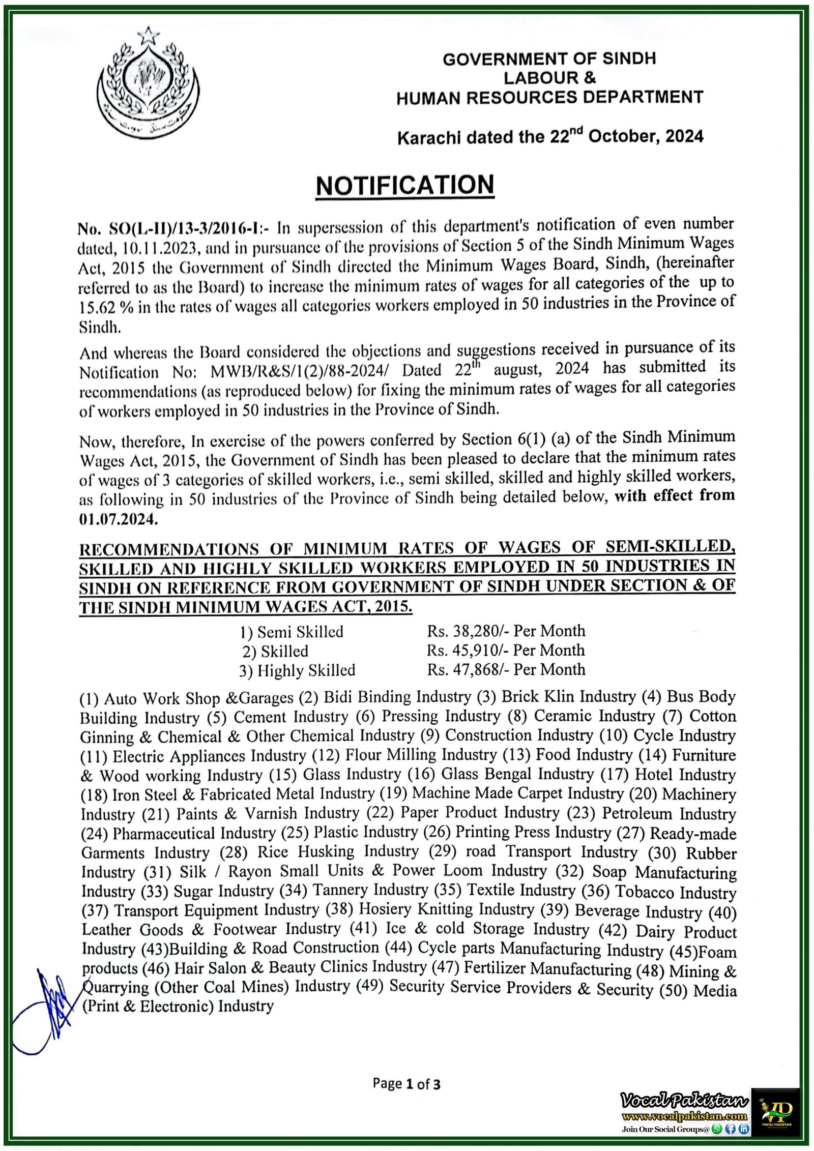 Sindh Government Announces Minimum Wage Increase: Semi-Skilled to Earn Rs. 38,280, Skilled Rs. 45,910, and Highly Skilled Rs. 47,868 in 50 Key Industries-Notification