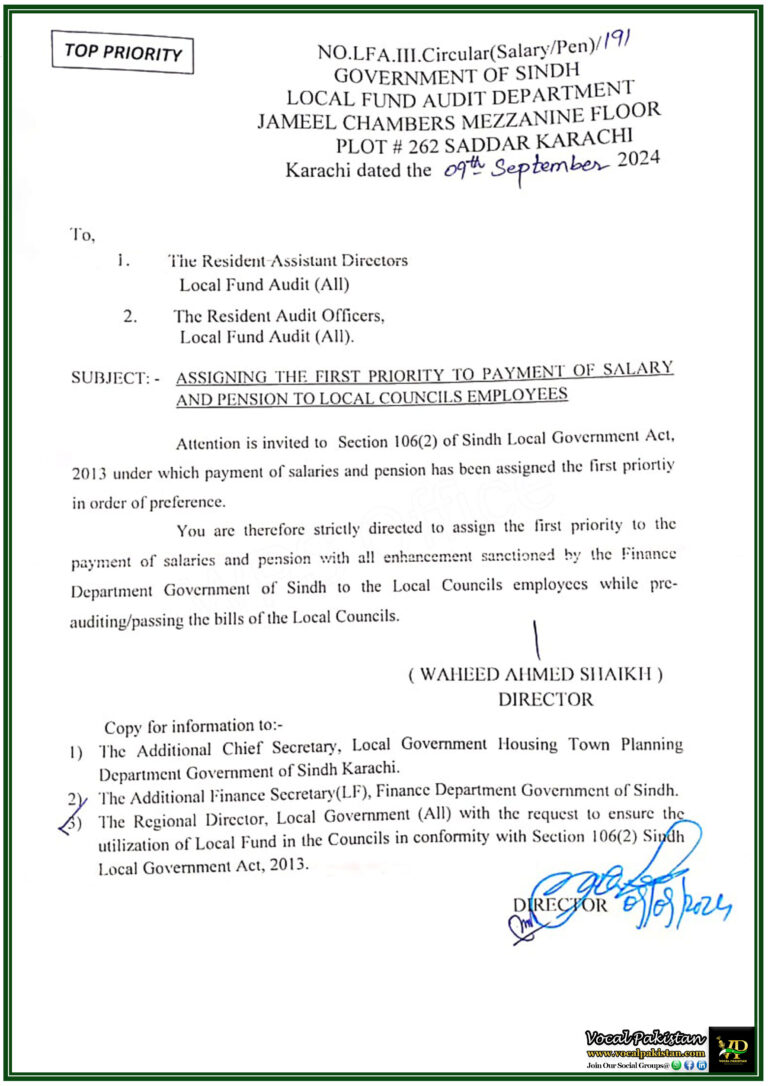 Sindh Government Prioritizes Salary and Pension Payments for Local Councils Employees– Notification