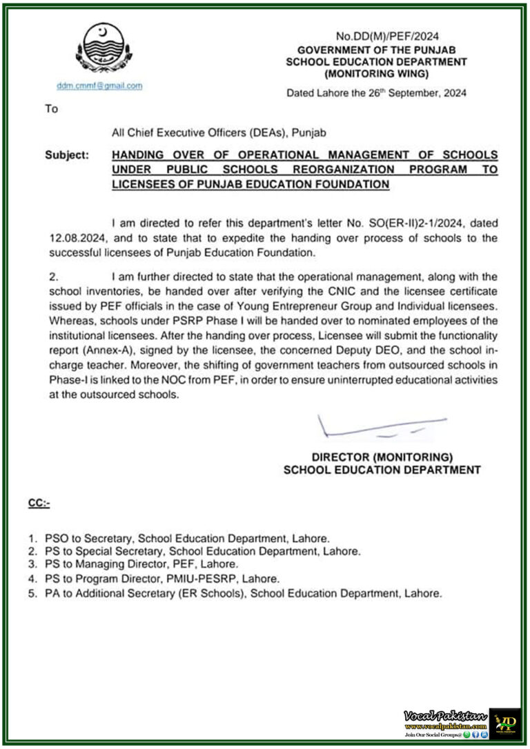 Streamlining School Management Handing Over Operations to Punjab Education Foundation Licensees-Notification