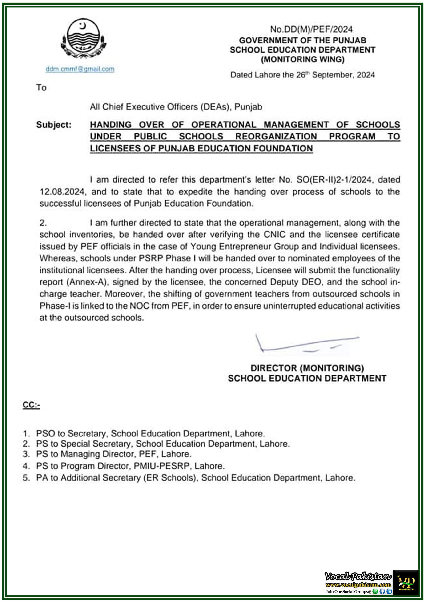 Punjab 3 Streamlining School Management Handing Over Operations to Punjab Education Foundation Licensees-Notification