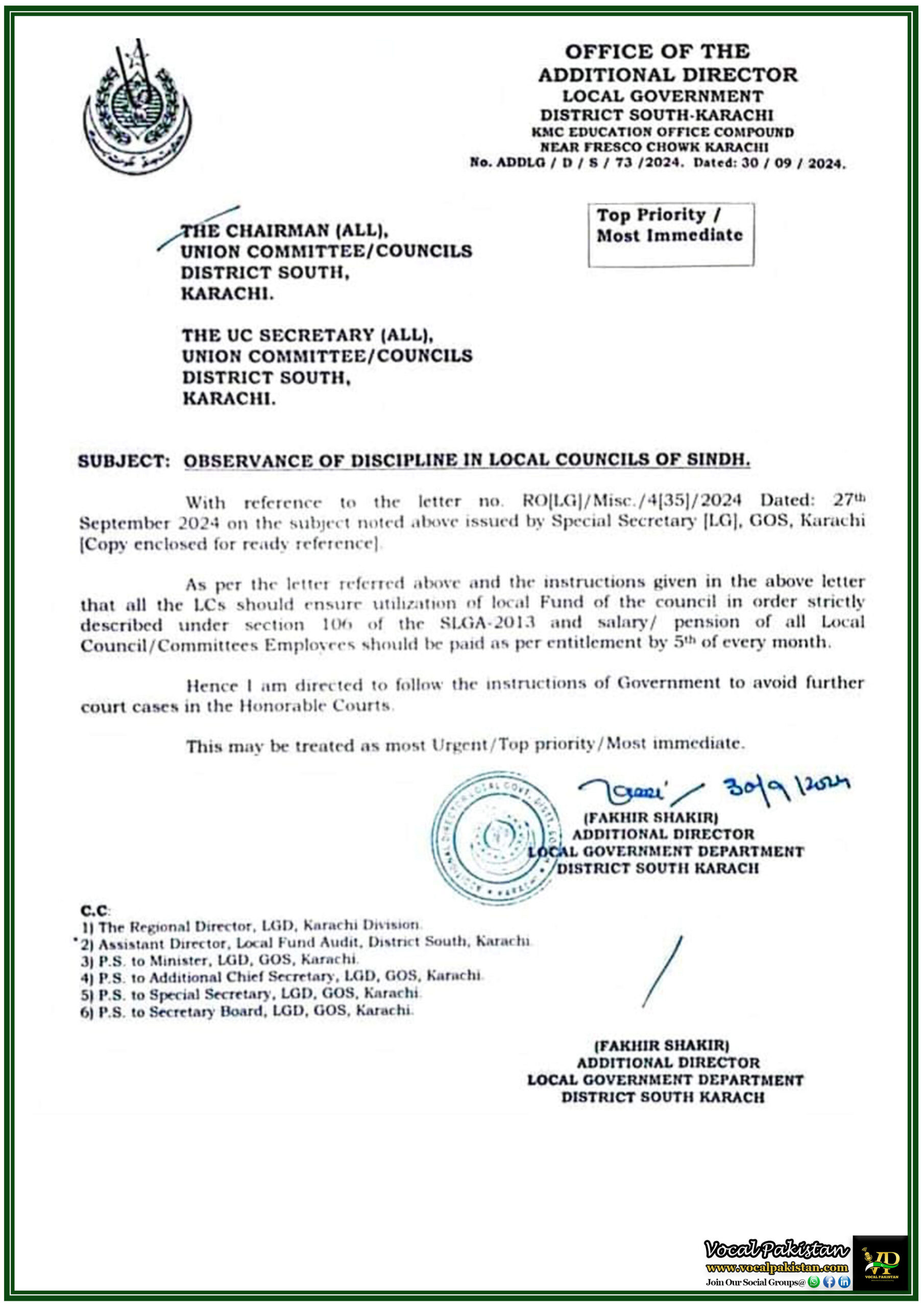 Sindh 7 Strict Compliance with Salary and Pension Payments for Local Council Employees as per SLGA-2013-Local Government Sindh Notification
