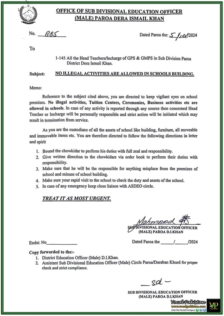 Strict Prohibition of Unauthorized Activities in School Premises – Urgent Notification