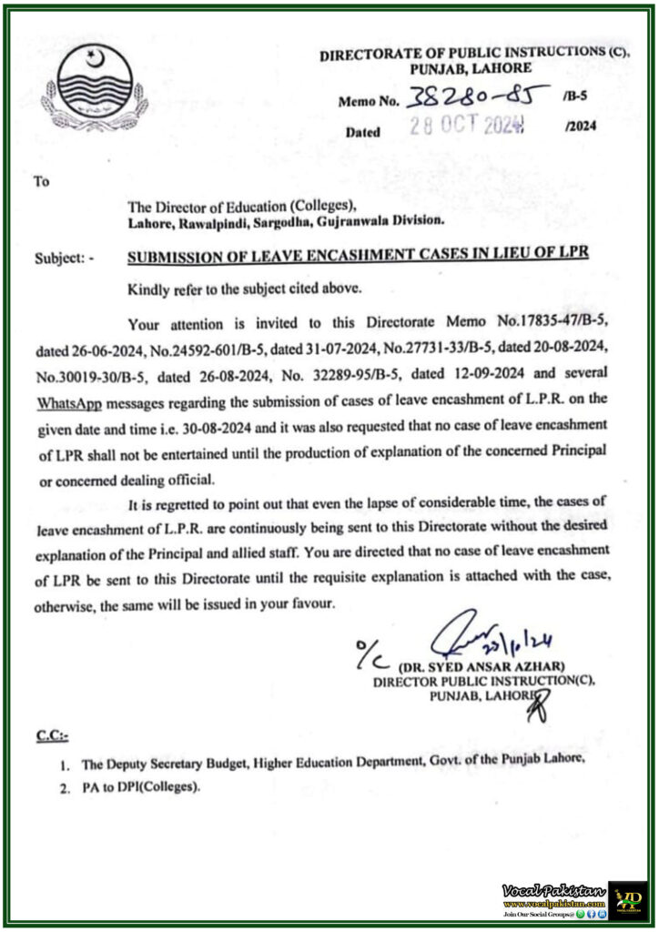 Submission Protocol for Leave Encashment Cases in Lieu of LPR – Notification