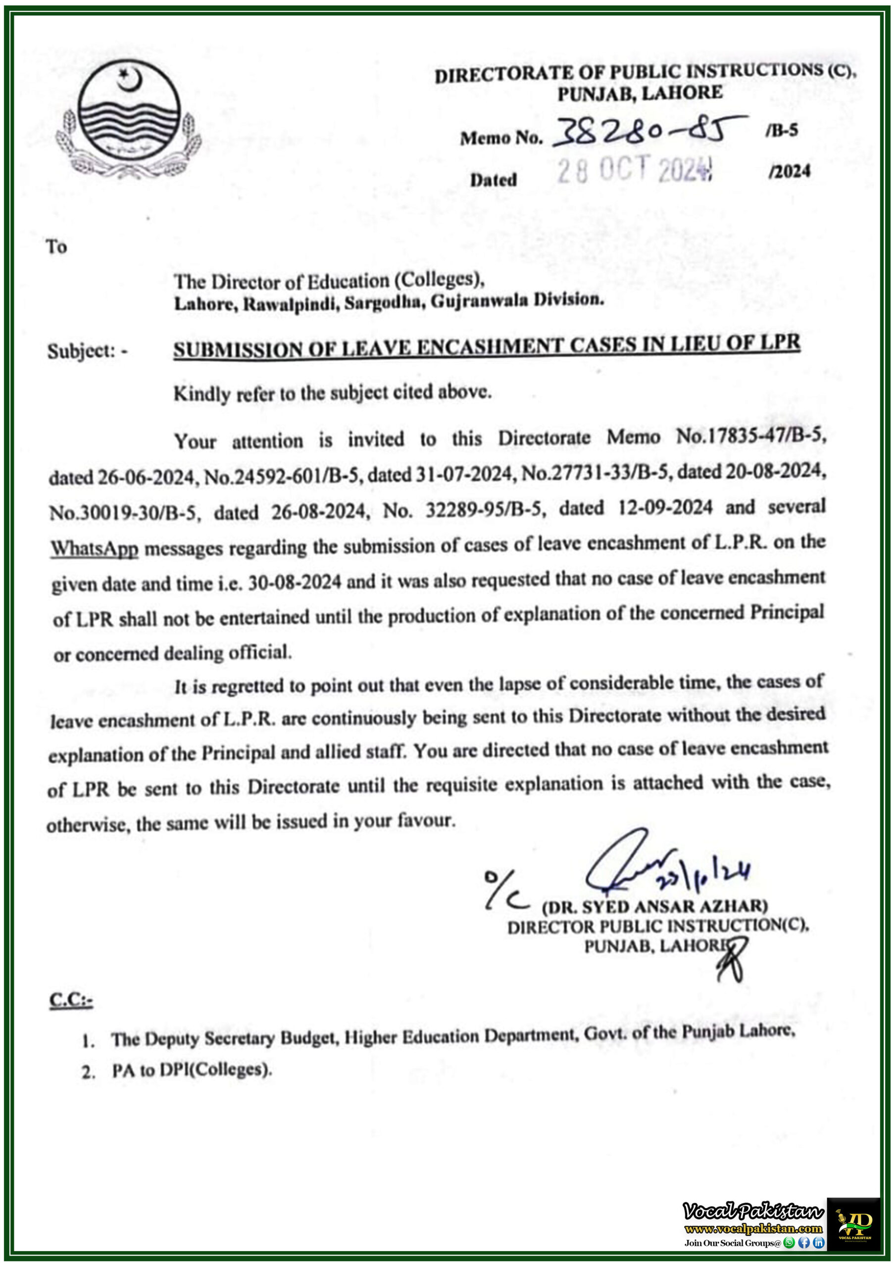 Punjab 3 Submission Protocol for Leave Encashment Cases in Lieu of LPR – Notification