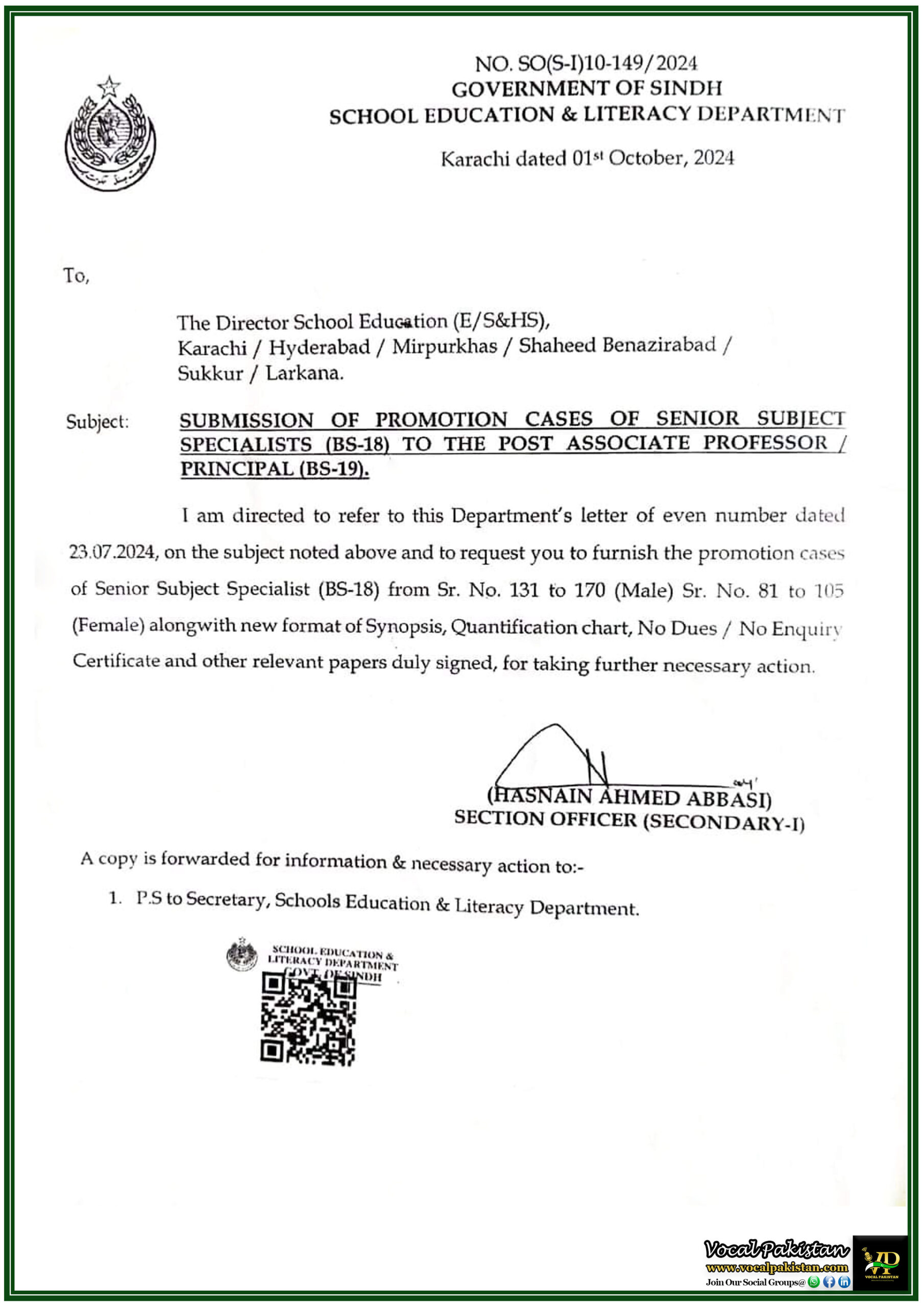 Sindh 3 Submission of Promotion Cases for Senior Subject Specialists to Associate ProfessorPrincipal-Government of Sindh Notification