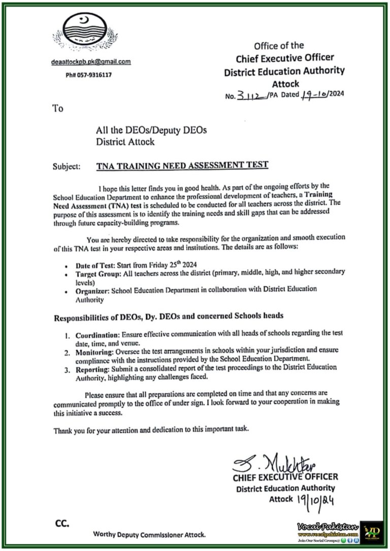 TNA Training Need Assessment Test for All School Teachers in District Attock – Notification