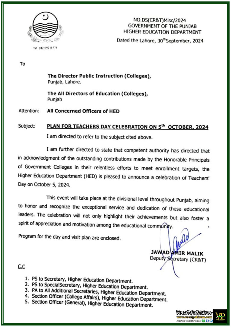 Teachers' Day Celebration on October 5, 2024-Government of Punjab Higher Education Department Notification