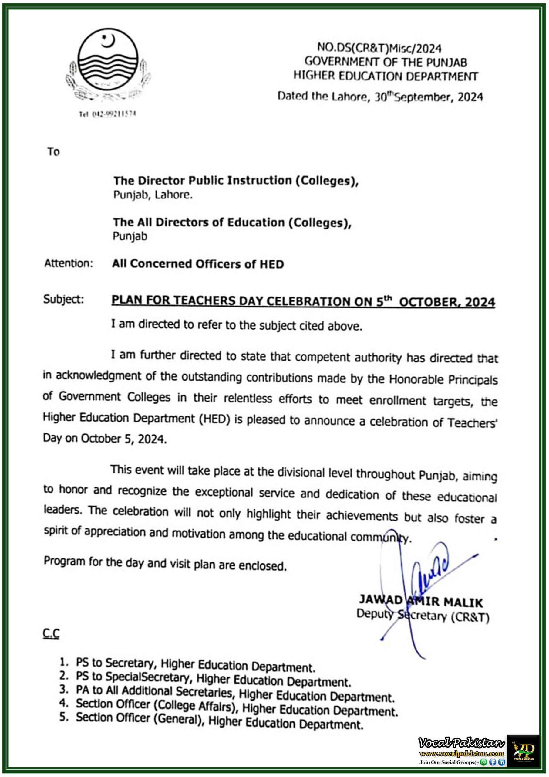 Punjab 2 Teachers' Day Celebration on October 5, 2024-Government of Punjab Higher Education Department Notification