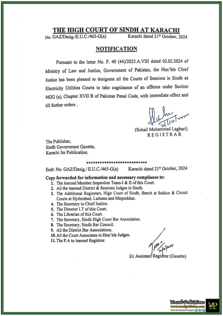 Designation of Courts of Sessions as Electricity Utilities Courts in Sindh - Notification