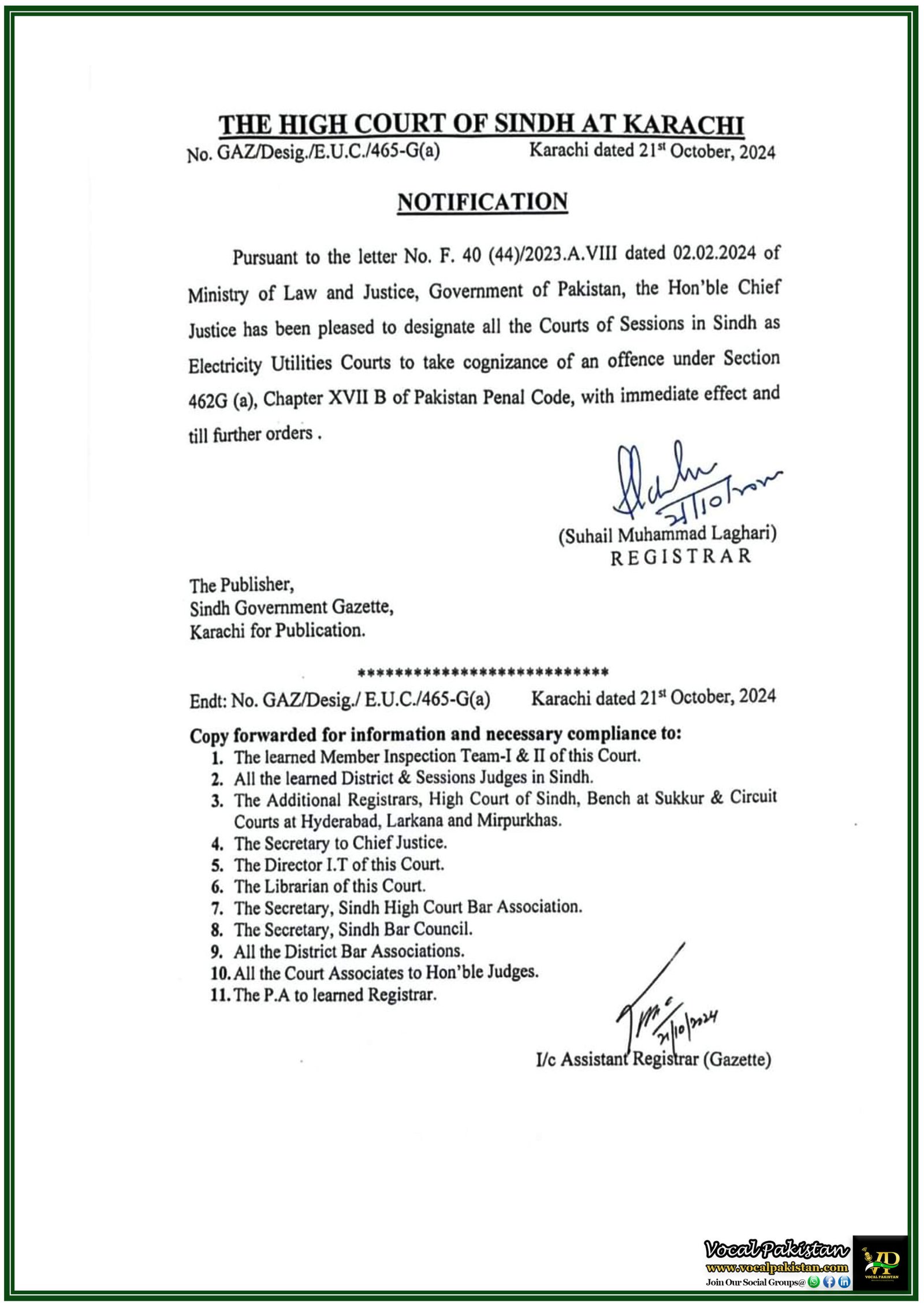 Designation of Courts of Sessions as Electricity Utilities Courts in Sindh – Notification