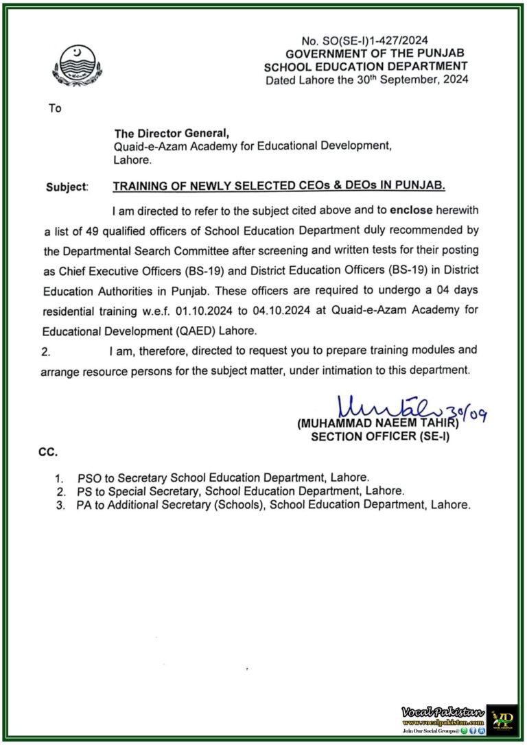 Training Modules Required for Newly Selected CEOs & DEOs in Punjab-School Education Department Notification