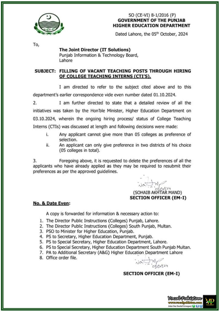 Update on CTI Recruitment: Applicants Now Limited to 5 College Preferences Across Two Districts-Notification