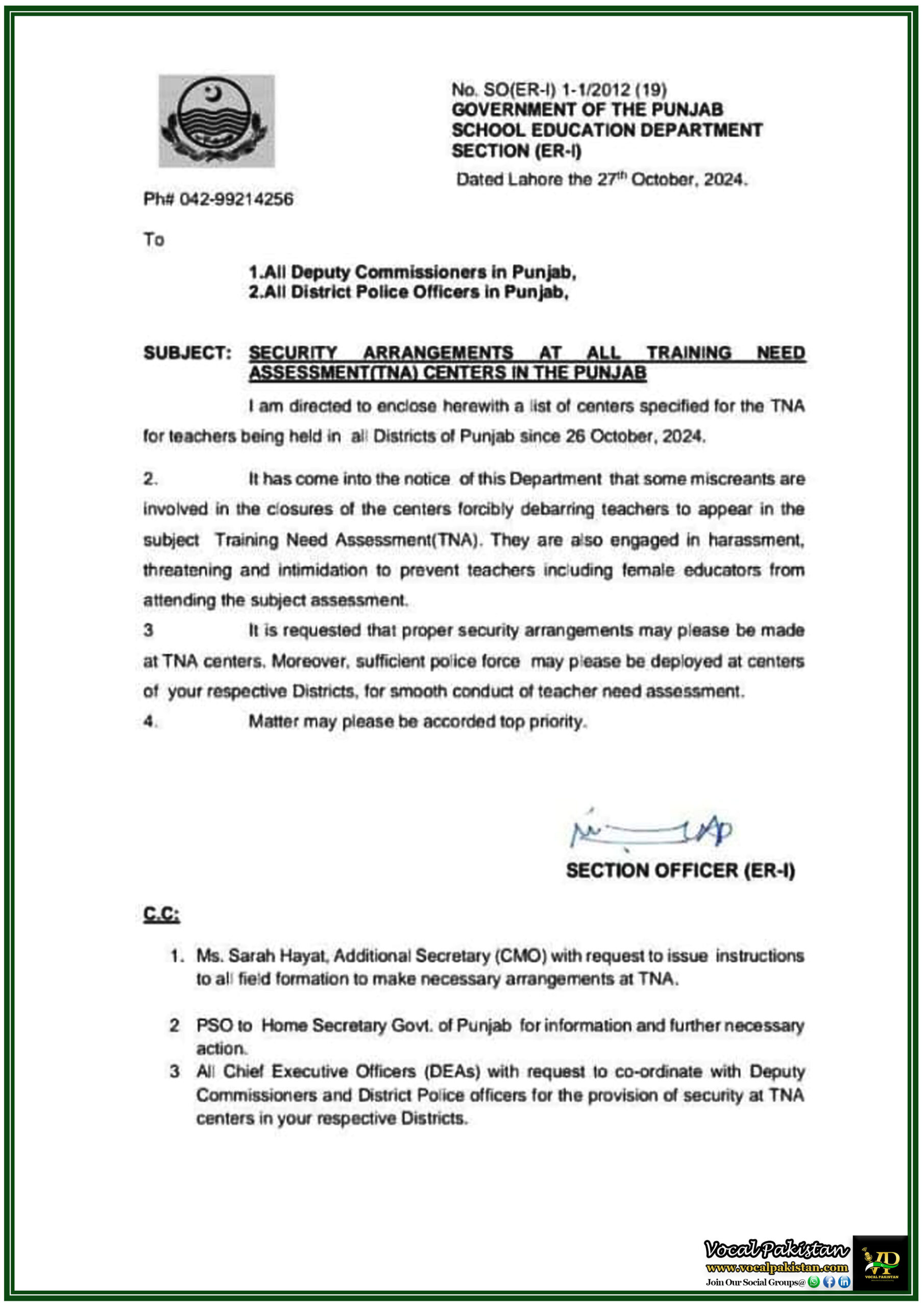Punjab 4 Urgent Security Measures for Teacher Training Need Assessment (TNA) Centers – Notification