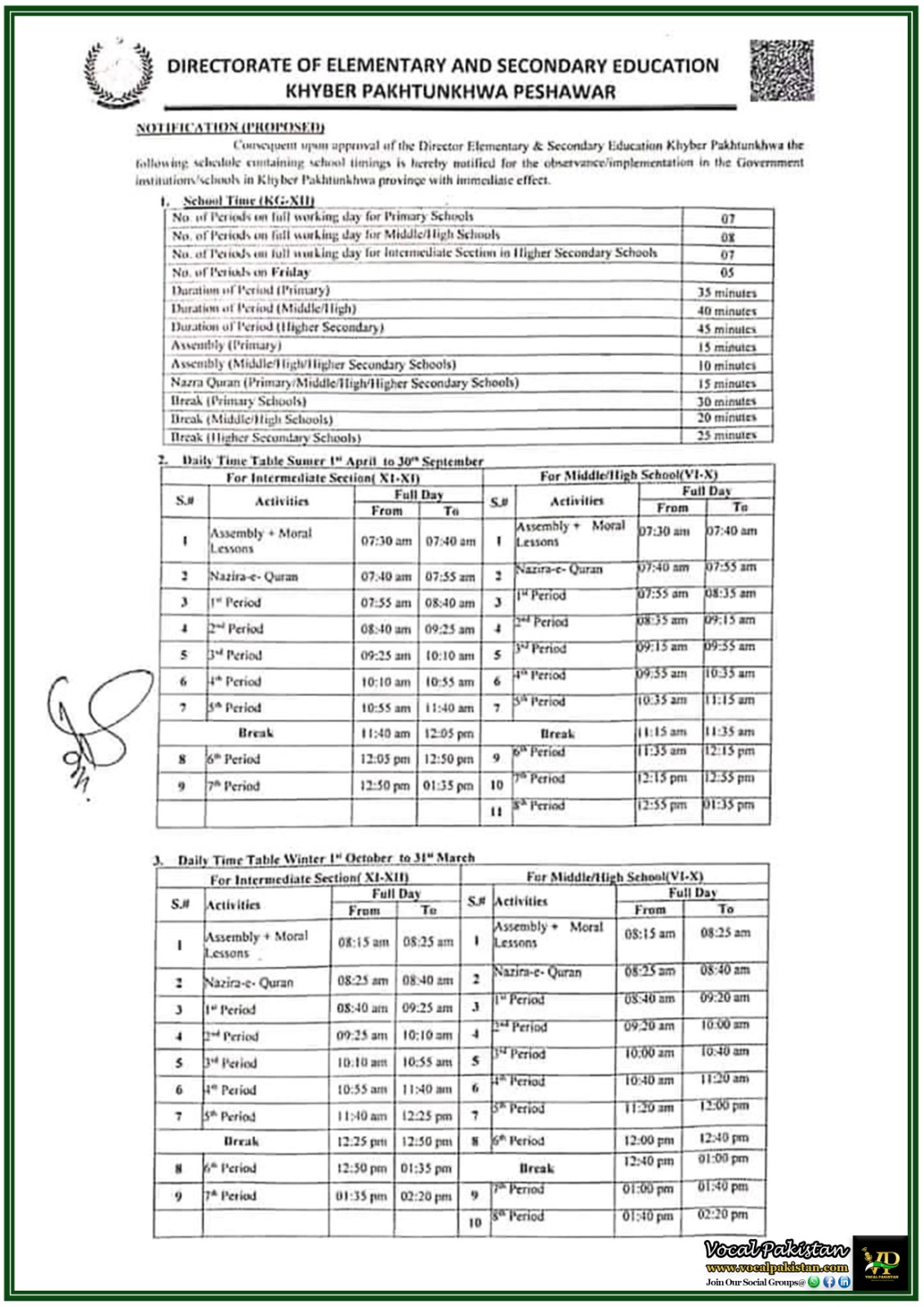 KPK 7 Implementation of Updated School Schedule for Primary, Middle, High, and Higher Secondary Schools in Khyber Pakhtunkhwa - Notification