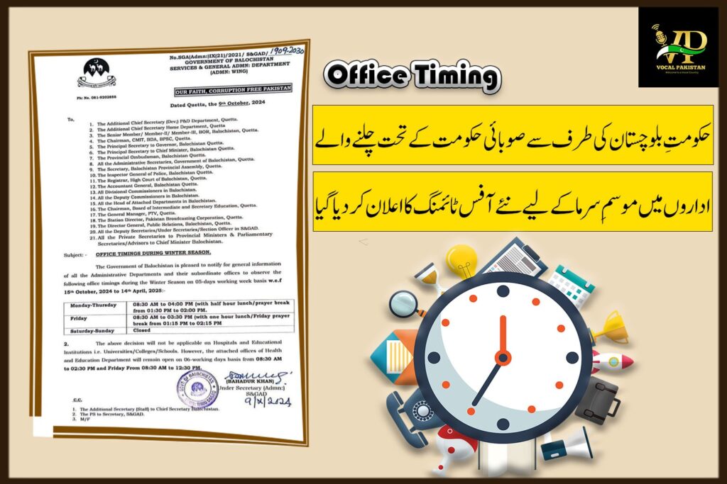 Winter Season Office Timings for Government of Balochistan - Notification