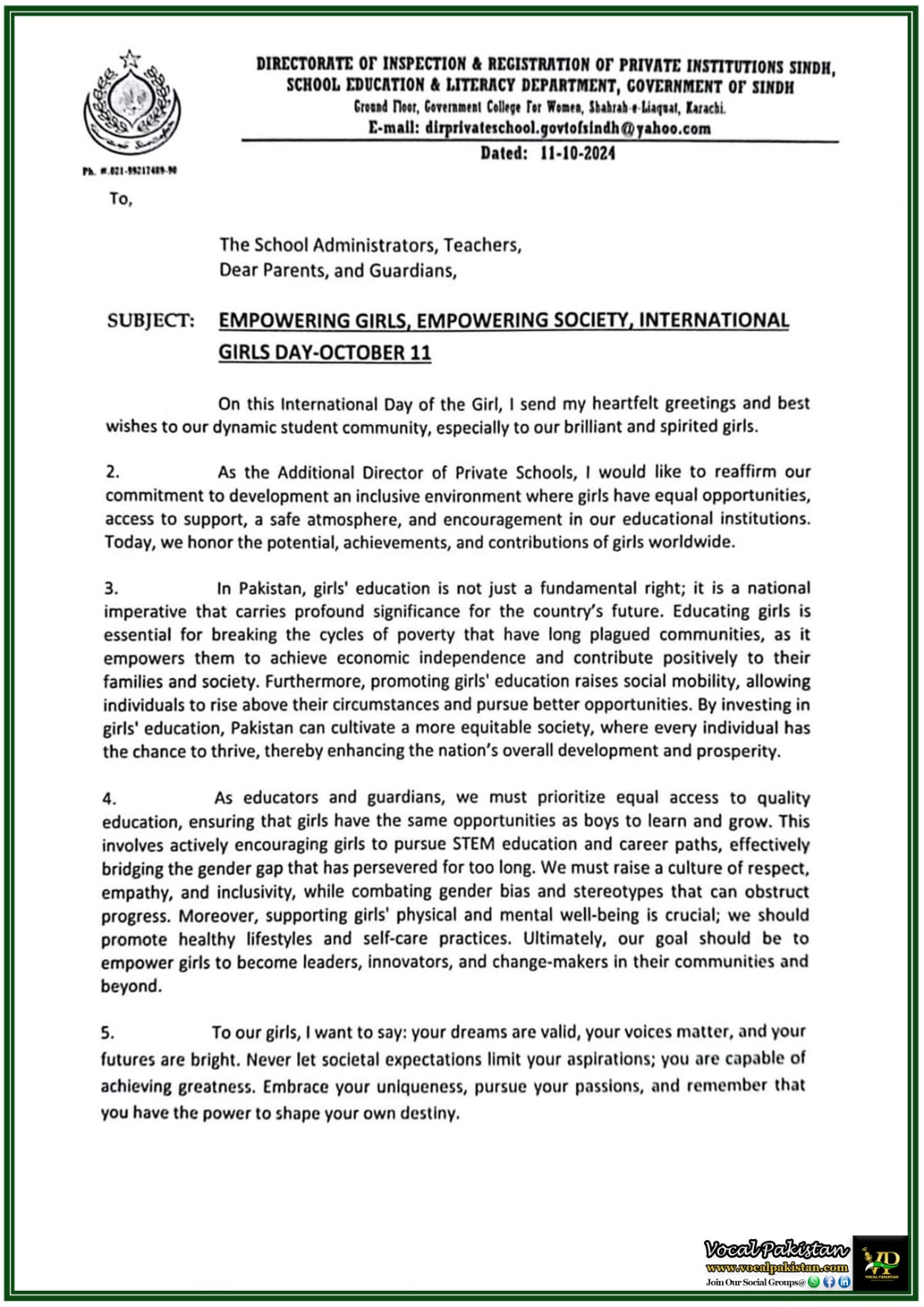 Sindh 1 EMPOWERING GIRLS, EMPOWERING SOCIETY, INTERNATIONAL GIRLS DAY-OCTOBER 11