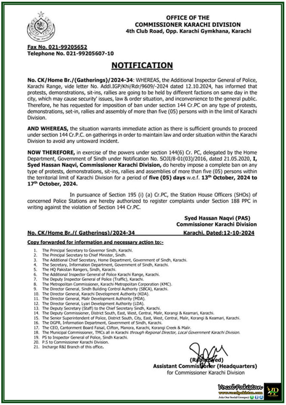 Sindh 8 Imposition of Section 144 on Gatherings in Karachi for Security Reasons - Notification