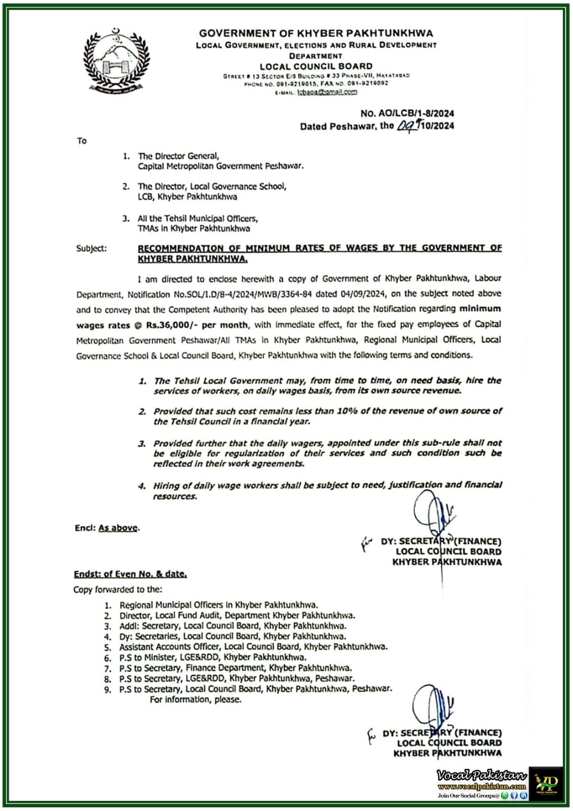 Implementation of Minimum Wage Rates for Local Government Employees in Khyber Pakhtunkhwa – Notification