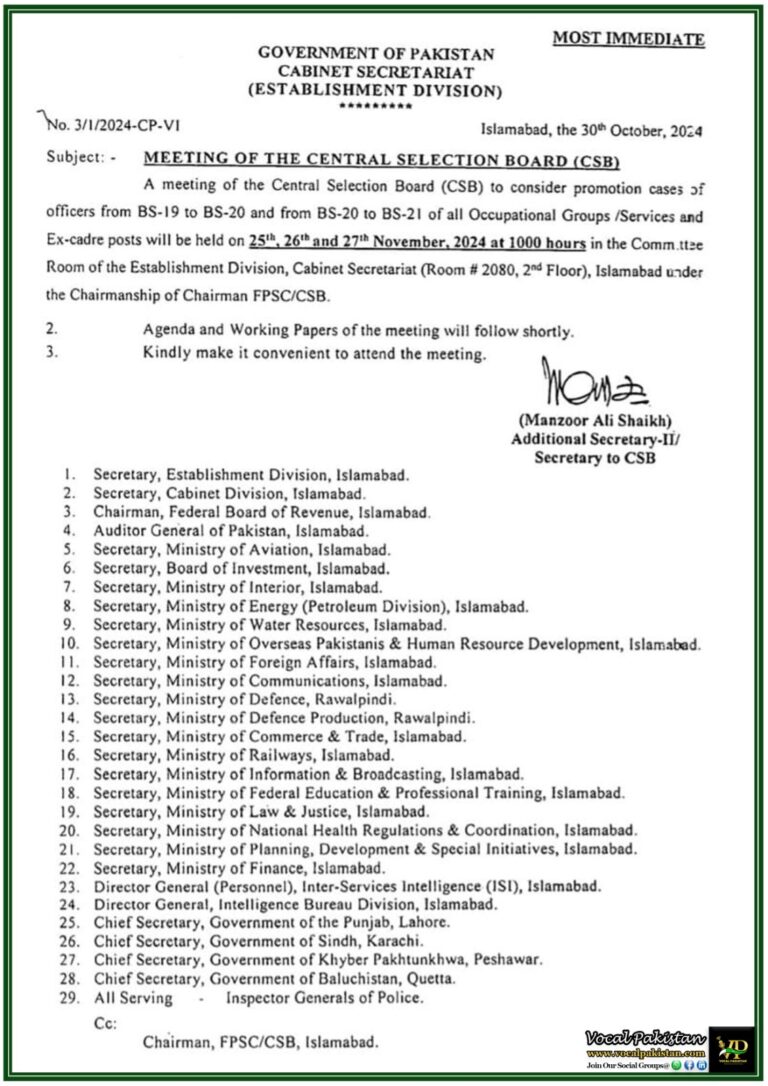 Meeting of Central Selection Board (CSB) for Officer Promotions Scheduled – Notification